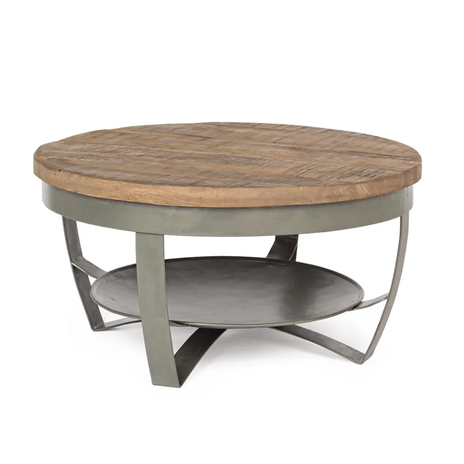 Tavolino Basso Tondo da Soggiorno in Legno di Mango e Acciaio - Moncheri Viadurini