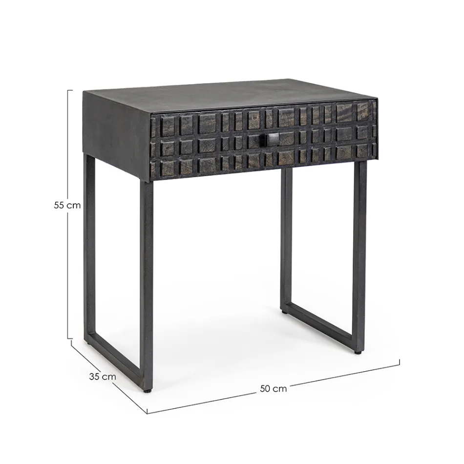 Tavolino Comodino in Acciaio e Legno di Mango di Design Etnico - Mireo Viadurini