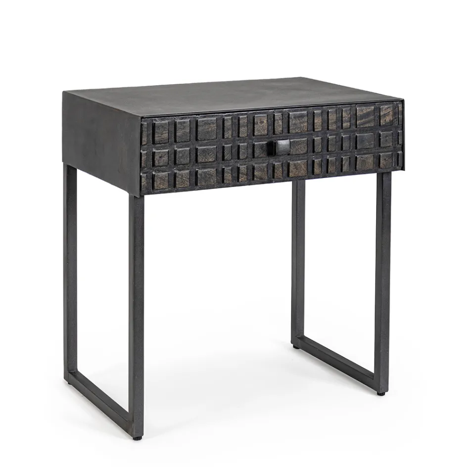 Tavolino Comodino in Acciaio e Legno di Mango di Design Etnico - Mireo Viadurini