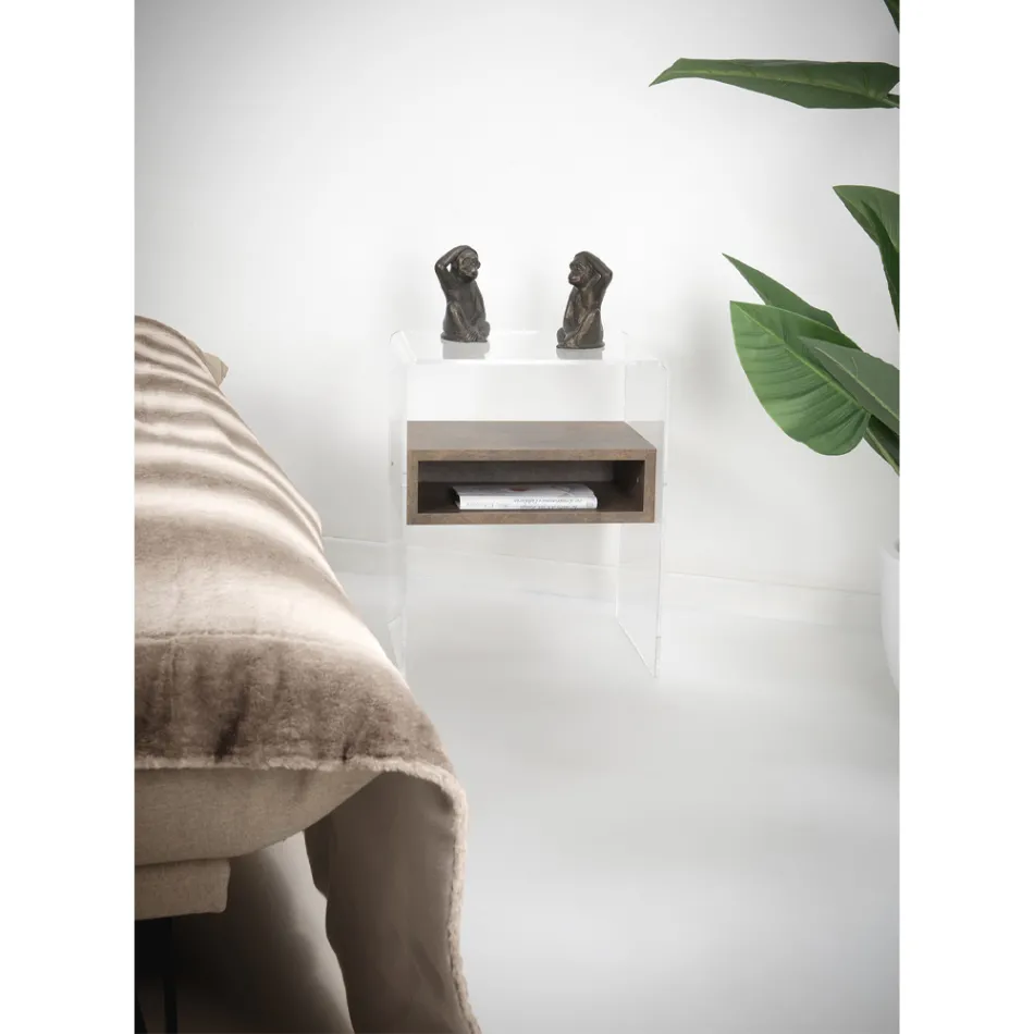 Tavolino Comodino Riciclabile in Plexiglass Trasparente e Legno - Pascoli Viadurini