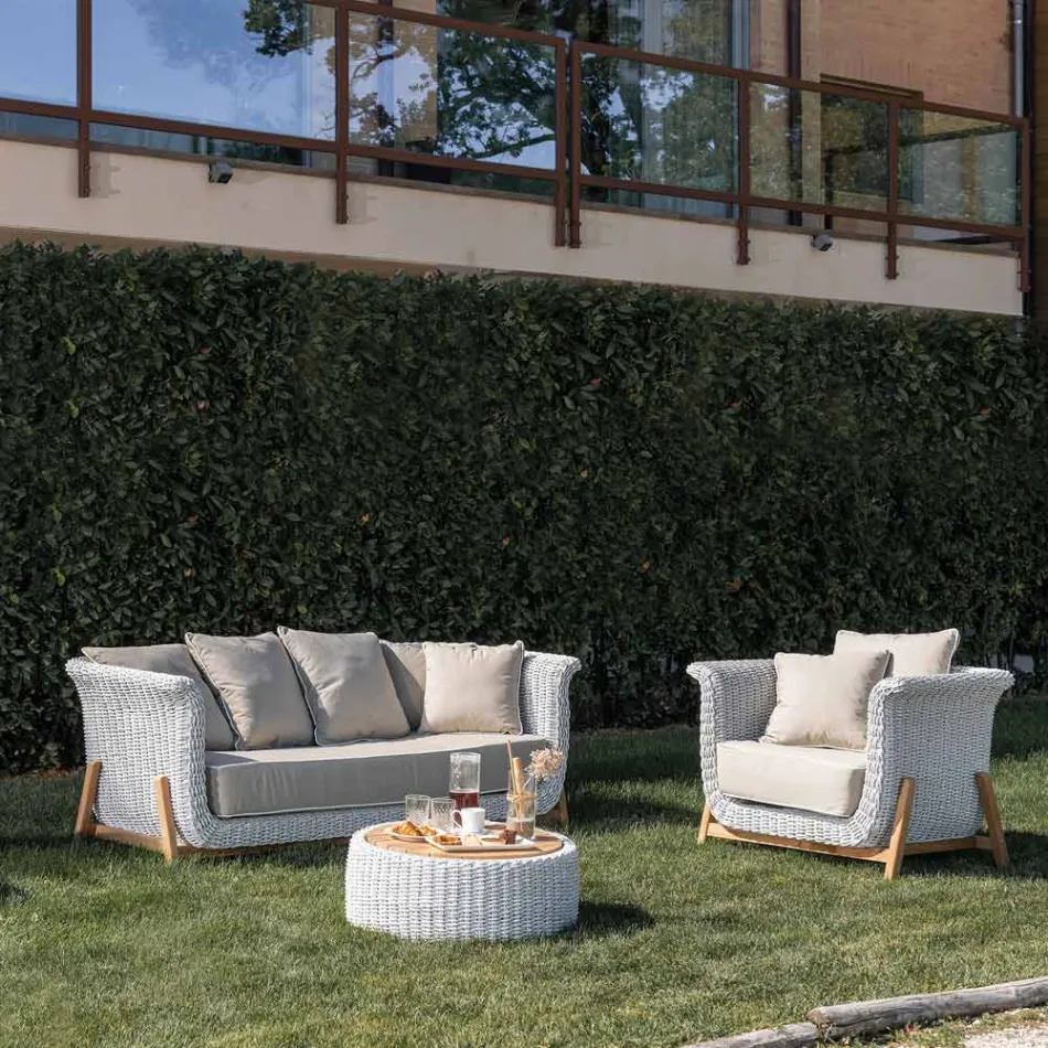 Tavolino Contenitore da Giardino in Teak ed Intreccio in Corda - Arjuna Viadurini
