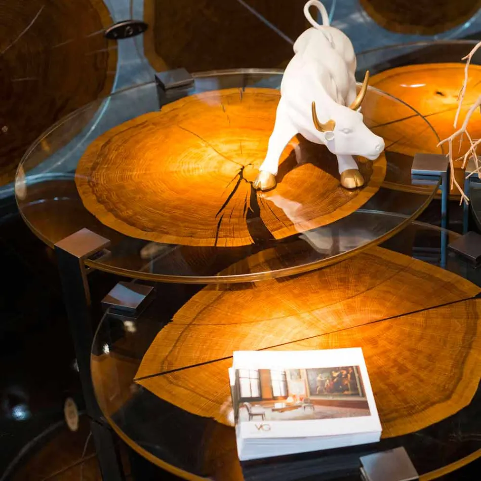 Tavolino da caffè basso di design con piano in vetro e legno Bigo Viadurini