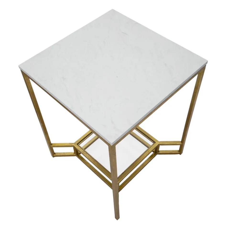 Tavolino da Caffè Dorato Quadrato in Ferro, Resina Bianca e Vetro - Tokyo Viadurini