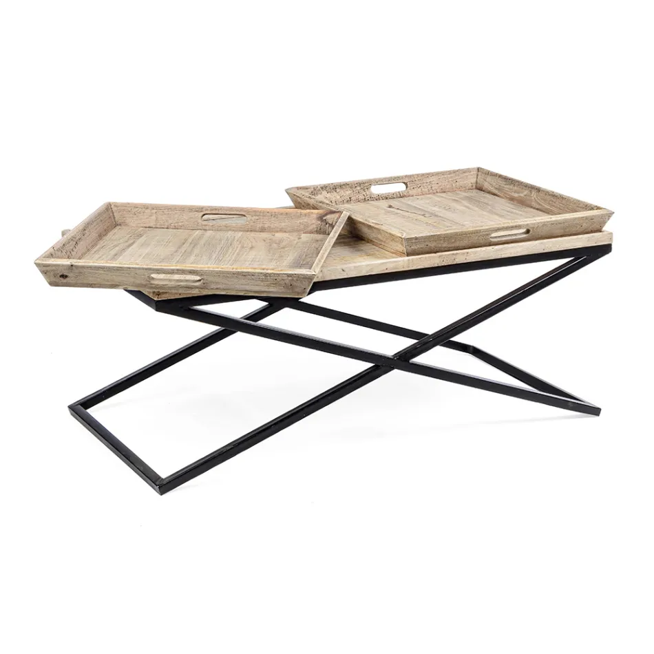 Tavolino da Caffè in Acciaio con Vassoio in Legno di Mango Design - Cesira Viadurini