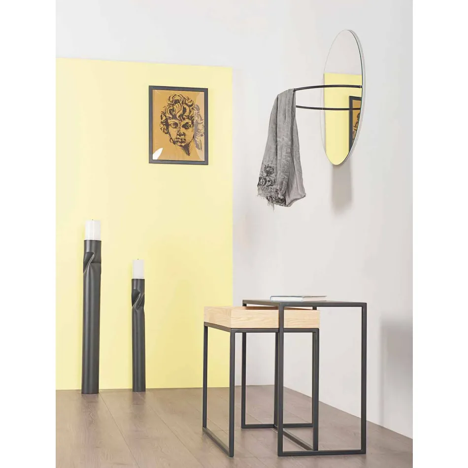 Tavolino da Salotto in Acciaio con Vassoio in Frassino Made in Italy - Merletto Viadurini