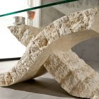 Tavolino da Salotto in Pietra Fossile con Piano in Vetro Temperato - Isabel Viadurini