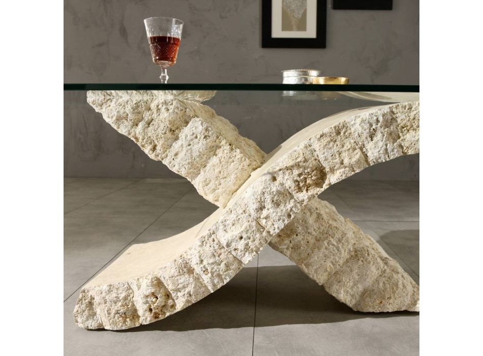 Tavolino da Salotto in Pietra Fossile con Piano in Vetro Temperato - Isabel Viadurini