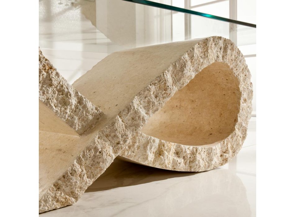 Tavolino da Salotto in Pietra Fossile con Piano in Vetro Trasparente - Kansas Viadurini