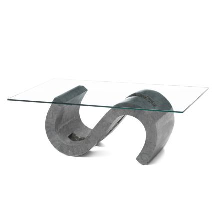 Tavolino da Salotto in Vetro Temperato con Base in Pietra Fossile - Jordan Viadurini