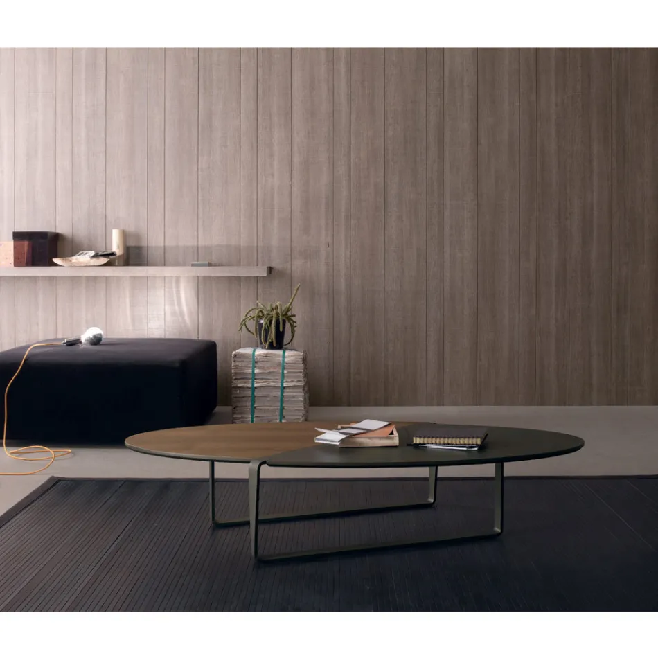 Tavolino da Salotto Ovale in Metallo e Piano Bicolore in Legno - Comacchio Viadurini