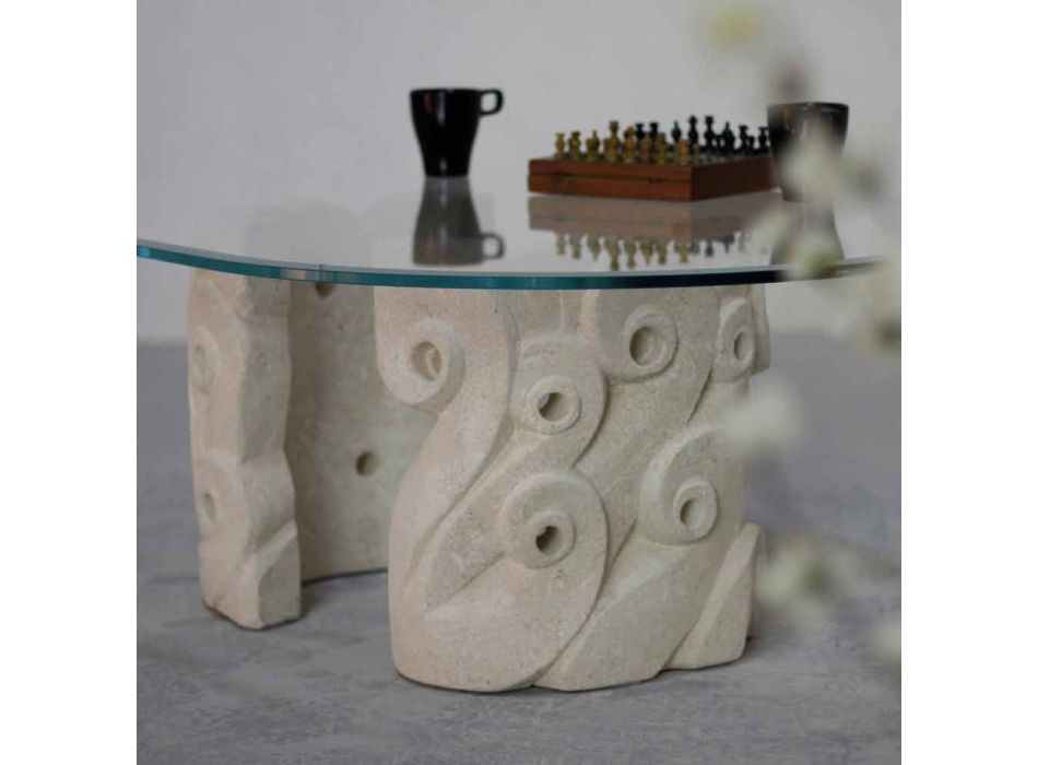 Tavolino da salotto ovale in pietra e cristallo, design moderno Lindos Viadurini