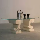 Tavolino da salotto ovale in pietra e cristallo di design Aracne-S Viadurini