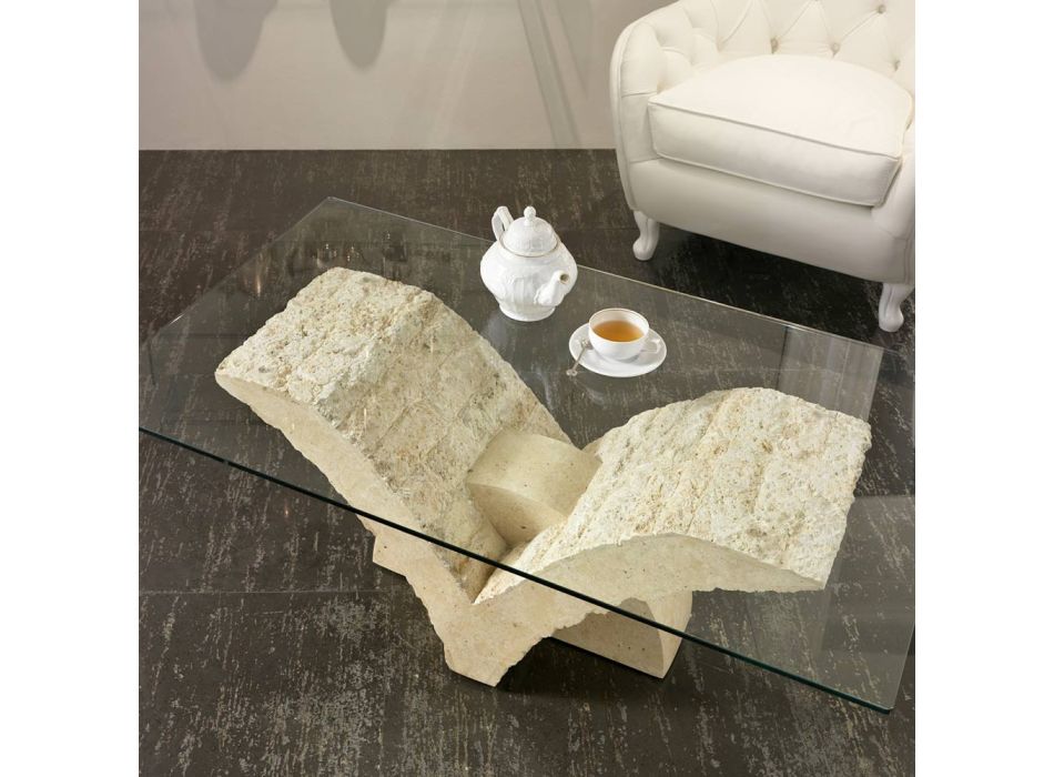 Tavolino da Salotto Rettangolare con Base in Pietra Fossile Bianca - Gardenia Viadurini