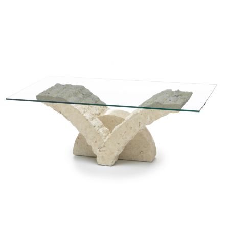 Tavolino da Salotto Rettangolare con Base in Pietra Fossile Bianca - Gardenia Viadurini