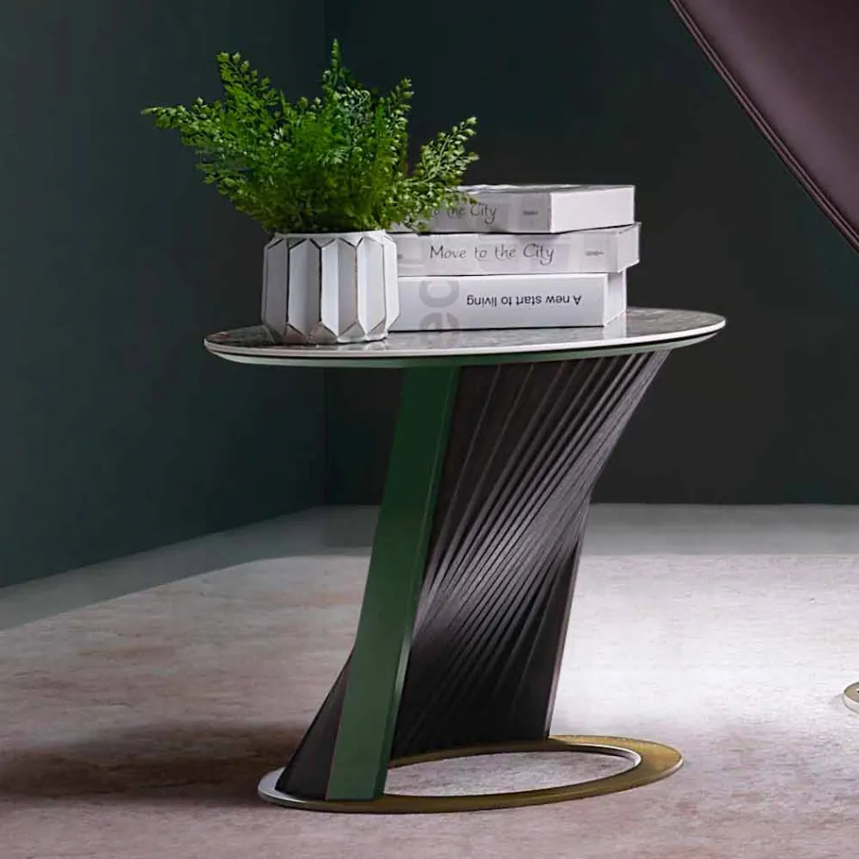 Tavolino da Salotto Rotondo di Design in Gres e Frassino Made in Italy  - Bering Viadurini