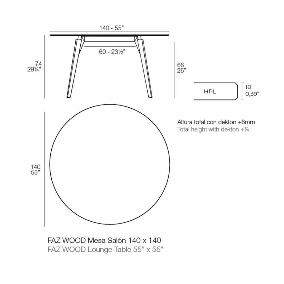 Tavolino da Salotto Tondo in Legno e Piano Hpl in 2 Misure - Faz Wood by Vondom Viadurini