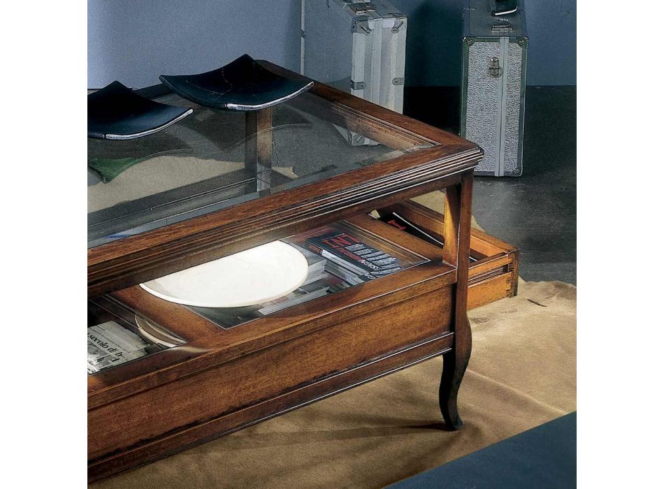 Tavolino da Soggiorno con Piano in Vetro e 2 Cassetti Made in Italy - Xipe Viadurini