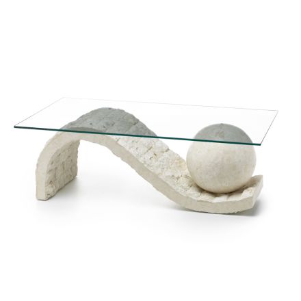 Tavolino da Soggiorno Piano in Vetro con Base in Pietra Fossile - Sfera Viadurini