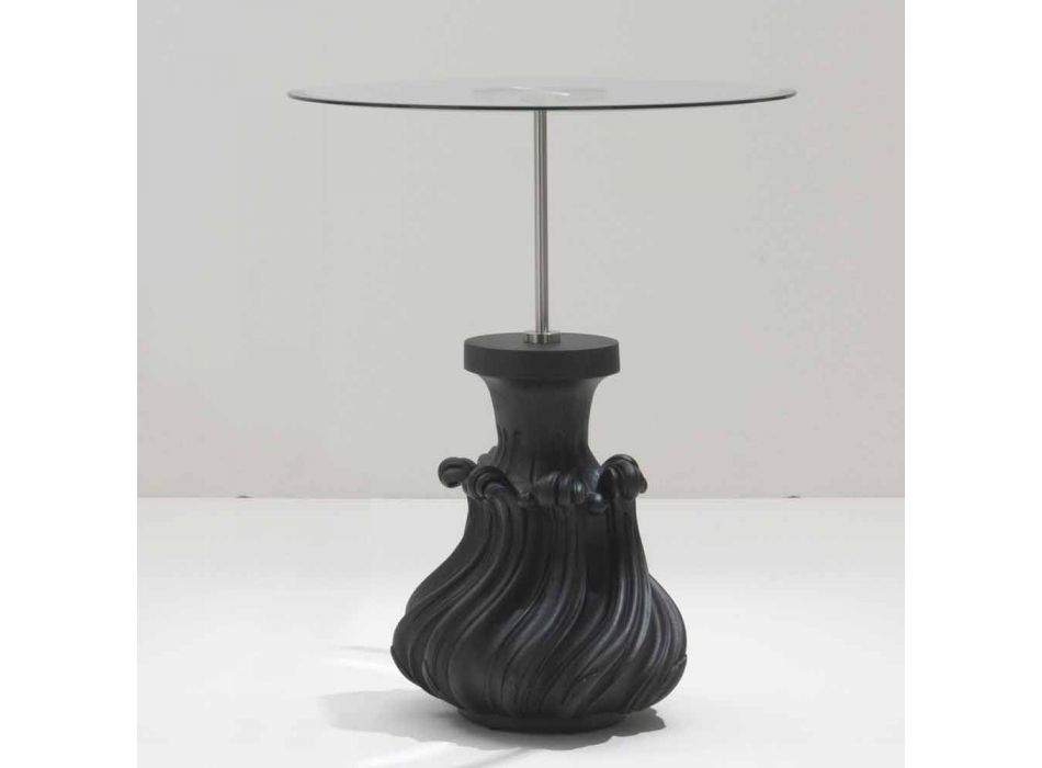 Tavolino in cristallo/legno massello nero sabbiato, diametro 60, Margo Viadurini