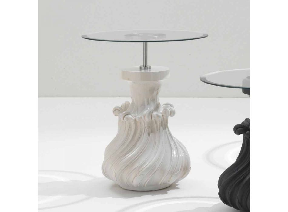 Tavolino in legno massello e cristallo bianco, diametro 60cm, Margo Viadurini