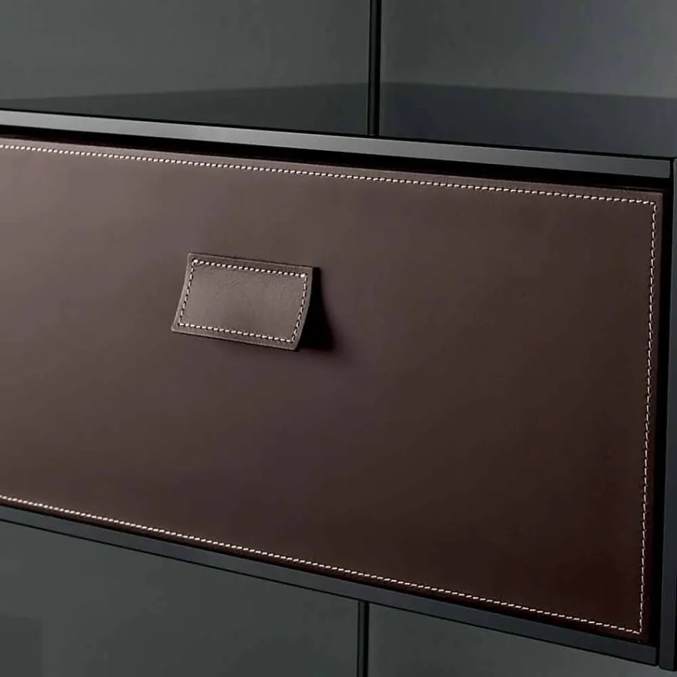 Tavolino Lato Divano o Comodino in Vetro Fumè con Cassetto in Cuoio - Linzy Viadurini