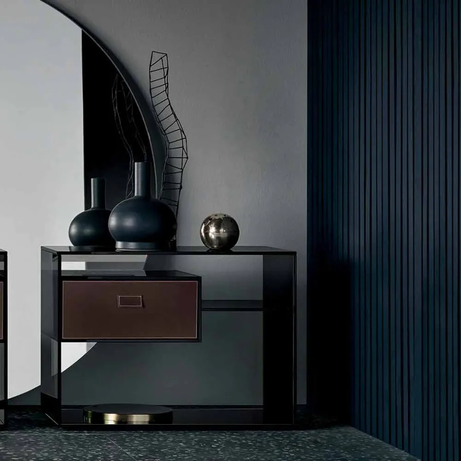 Tavolino Lato Divano o Comodino in Vetro Fumè con Cassetto in Cuoio - Linzy Viadurini