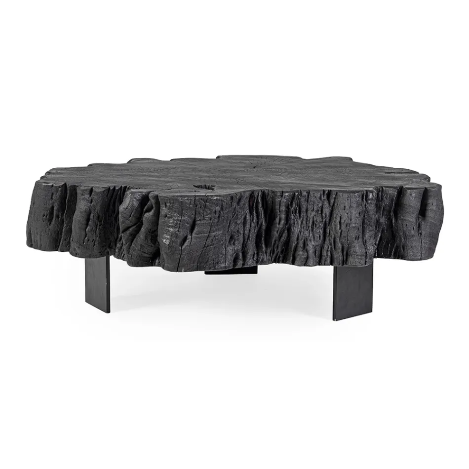 Tavolino Nero in Acciaio e Legno d'Acacia Naturale Homemotion - Camala Viadurini
