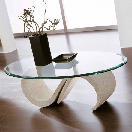 Tavolino Ovale in Vetro Bisellato e Marmo Sintetico Made in Italy - Barbera Viadurini