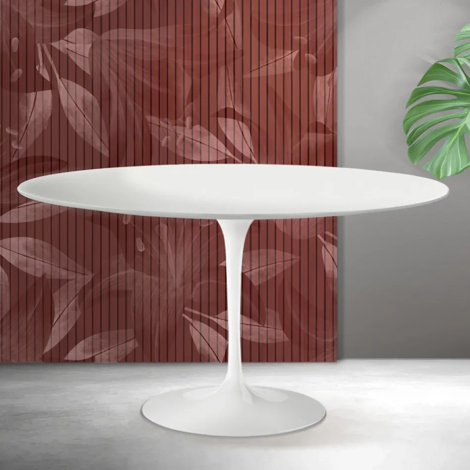 Tavolino Ovale Tulip Saarinen H 41 cm in Ceramica Florim Bianca Opaca - Scarlet Viadurini