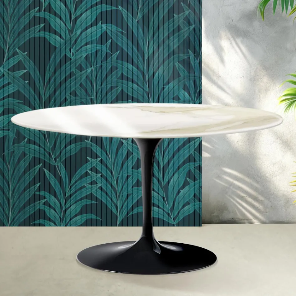 Tavolino Ovale Tulip Saarinen H 41 cm in Ceramica Florim Calacatta Gold Lucido - Scarlet Viadurini
