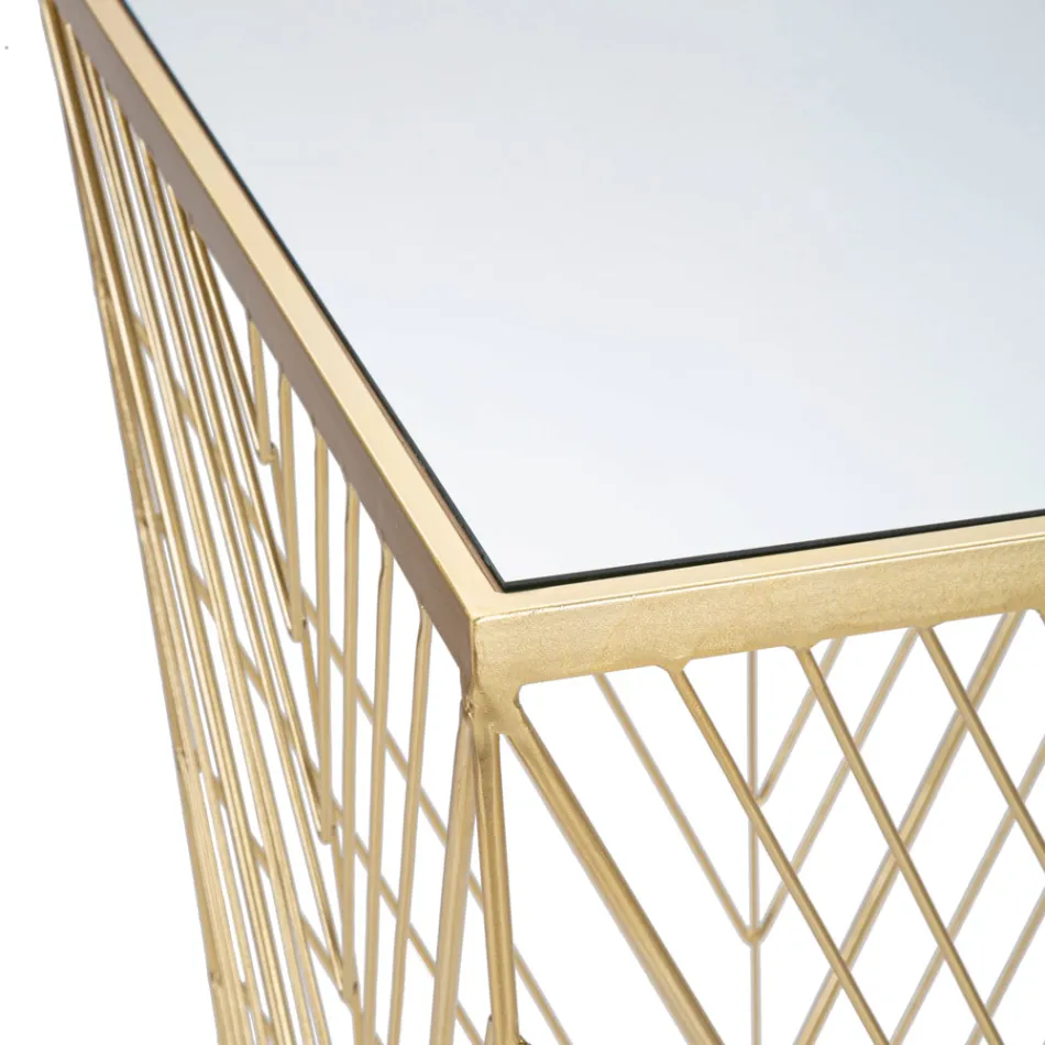 Tavolino Portatelefono in Ferro Dorato e Piano in Vetro a Specchio - Olivia Viadurini