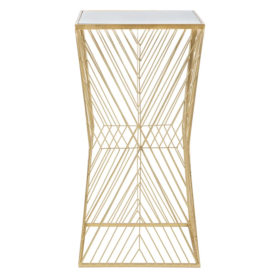 Tavolino Portatelefono in Ferro Dorato e Piano in Vetro a Specchio - Olivia Viadurini