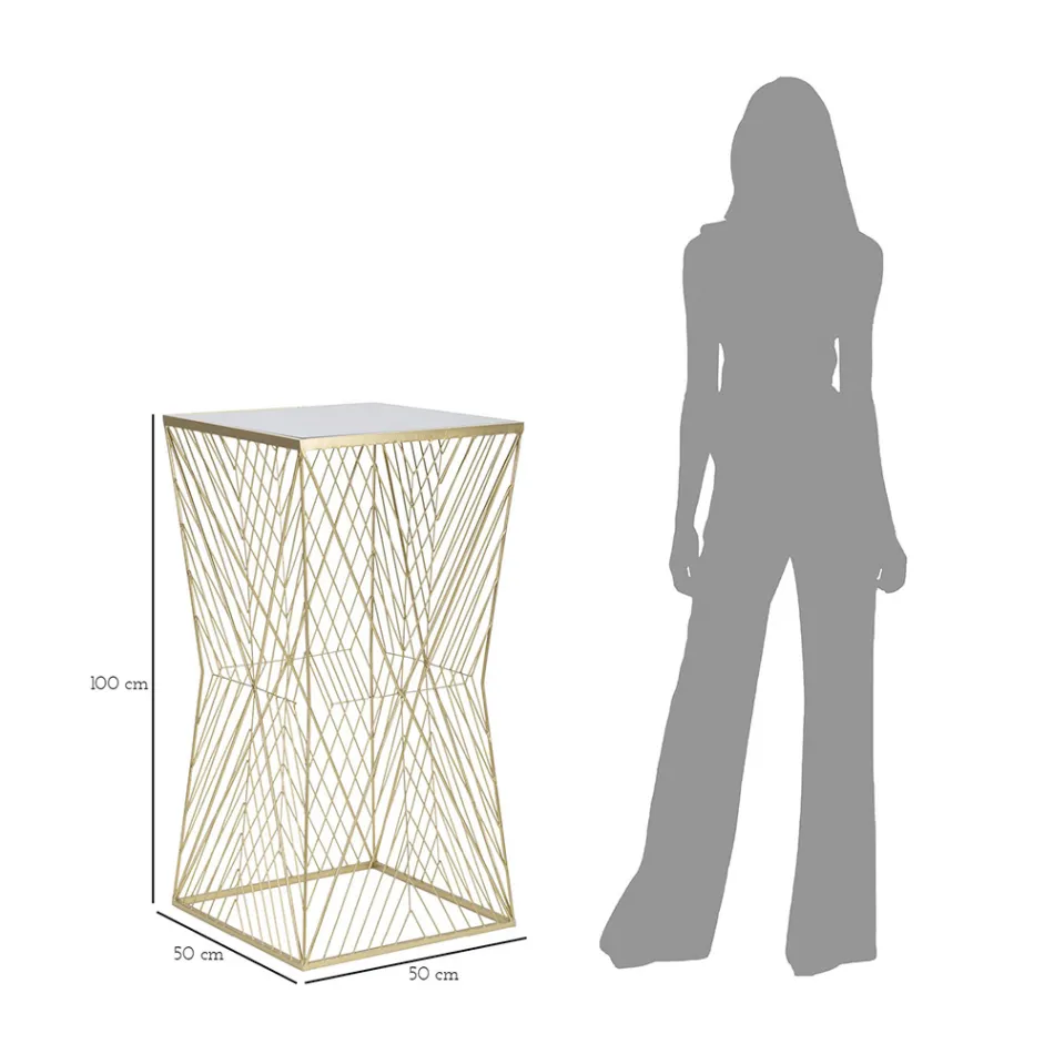 Tavolino Portatelefono in Ferro Dorato e Piano in Vetro a Specchio - Olivia Viadurini