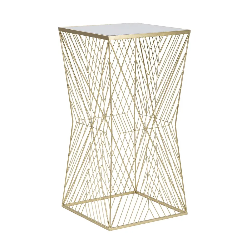 Tavolino Portatelefono in Ferro Dorato e Piano in Vetro a Specchio - Olivia Viadurini