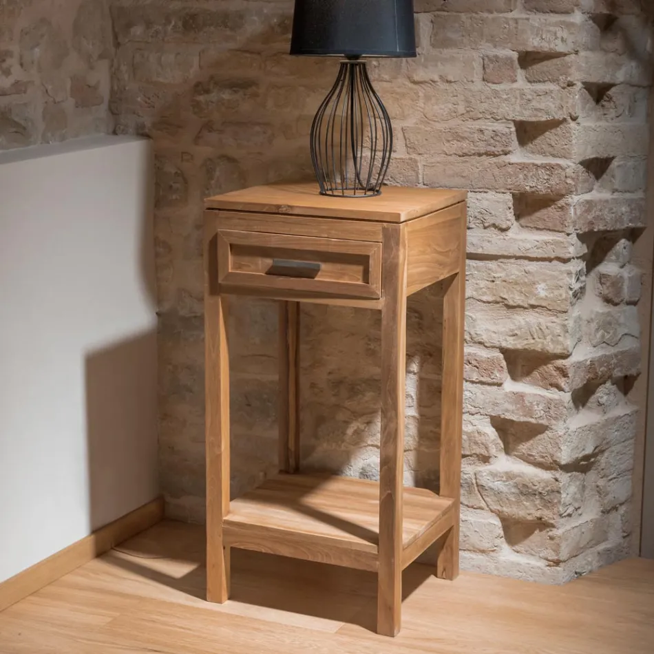 Tavolino Realizzato in Legno Teak Massello con 1 Cassetto - Acrilico Viadurini