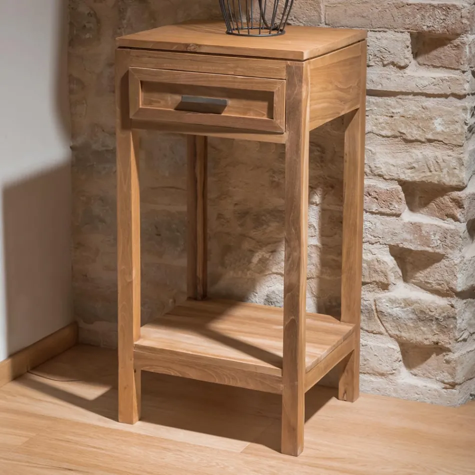 Tavolino Realizzato in Legno Teak Massello con 1 Cassetto - Acrilico Viadurini