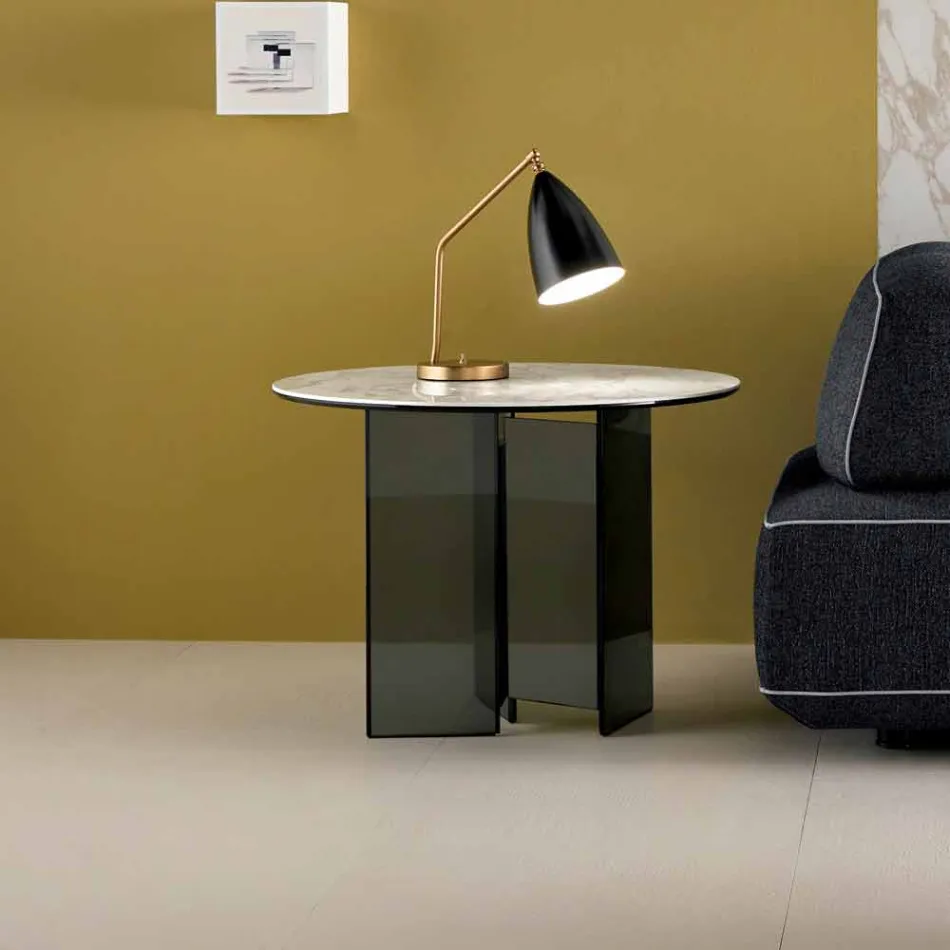 Tavolino Salotto Lato Divano in Vetro Fumè e Piano Tondo in Ceramica - Random Viadurini