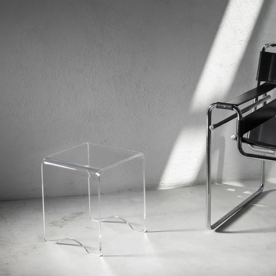 Tavolino Sgabello Cristallo Acrilico Trasparente Minimale Italiano - Plarco Viadurini
