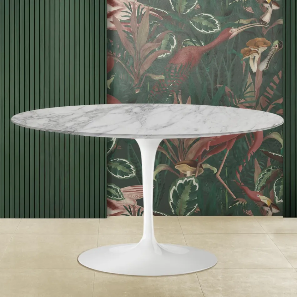 Tavolino Tulip Eero Saarinen H 41 Ovale con Piano in Marmo Arabescato Made in Italy - Scarlet Viadurini