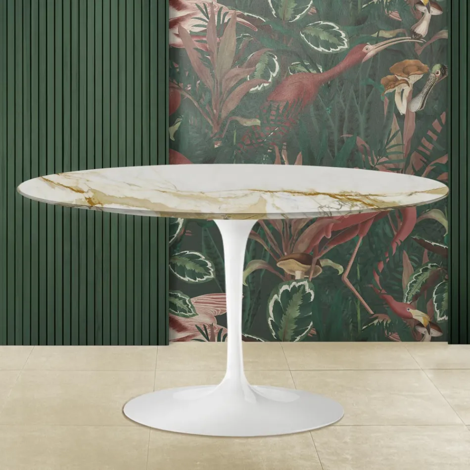 Tavolino Tulip Eero Saarinen H 41 Ovale con Piano in Marmo Caracatta Oro Viadurini