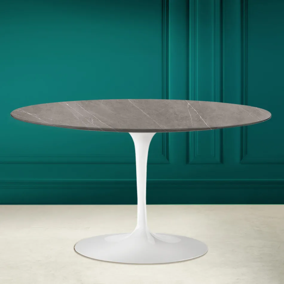 Tavolino Tulip Eero Saarinen H 41 Ovale in Ceramica Pietra Grey Made in Italy - Scarlet Viadurini