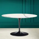 Tavolino Tulip Saarinen H 41 Ovale con Piano in Ceramica Statuario Full Vein Viadurini