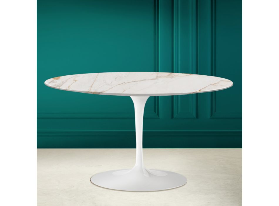 Tavolino Tulip Saarinen H 41 Ovale in Ceramica Calacatta Antique White - Scarlet Viadurini