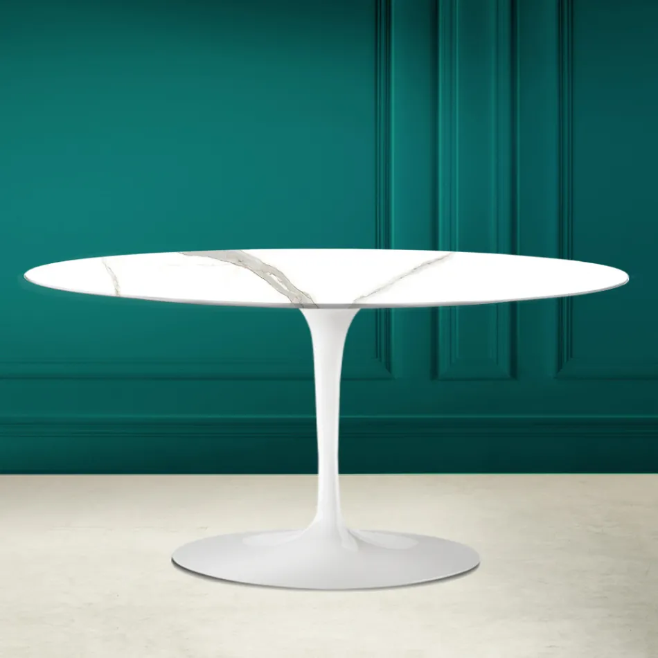Tavolino Tulip Saarinen Ovale H 41 in Calacatta Michelangelo Made in Italy - Scarlet Viadurini