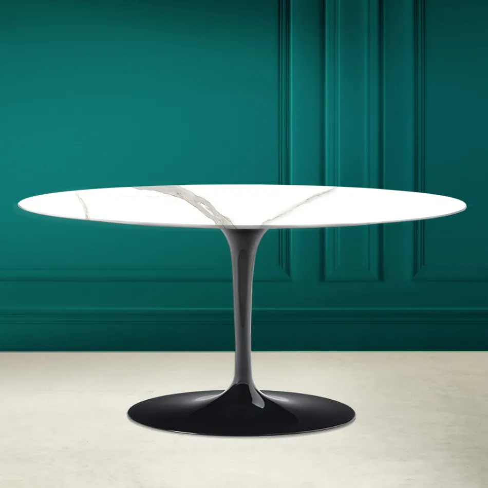 Tavolino Tulip Saarinen Ovale H 41 in Calacatta Michelangelo Made in Italy - Scarlet Viadurini