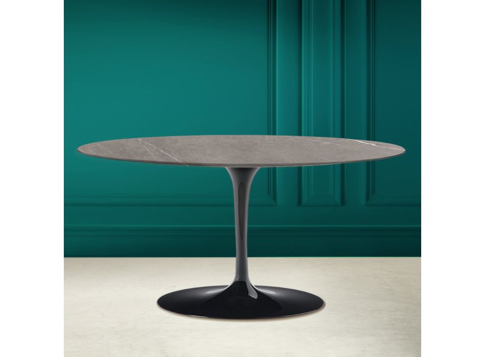 Tavolino Tulip Saarinen Ovale H 41 in Ceramica Pietra Grey Made in Italy - Scarlet Viadurini