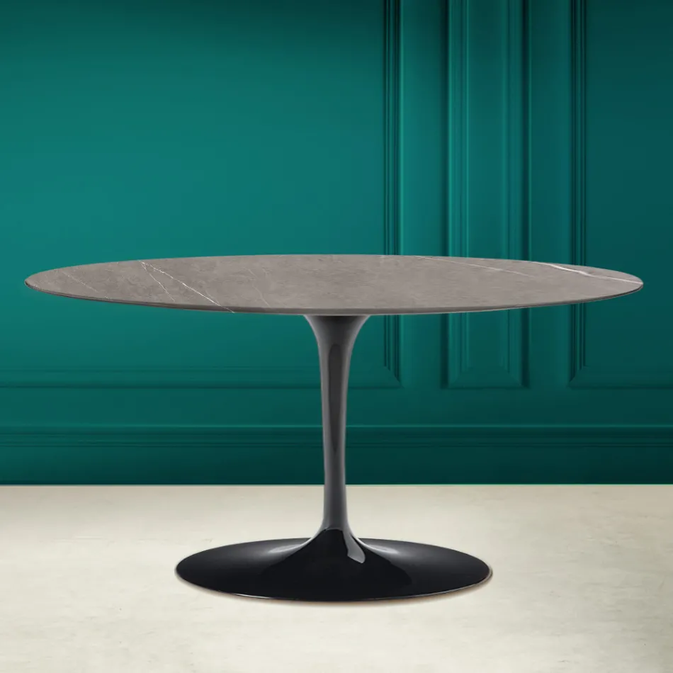 Tavolino Tulip Saarinen Ovale H 41 in Ceramica Pietra Grey Made in Italy - Scarlet Viadurini