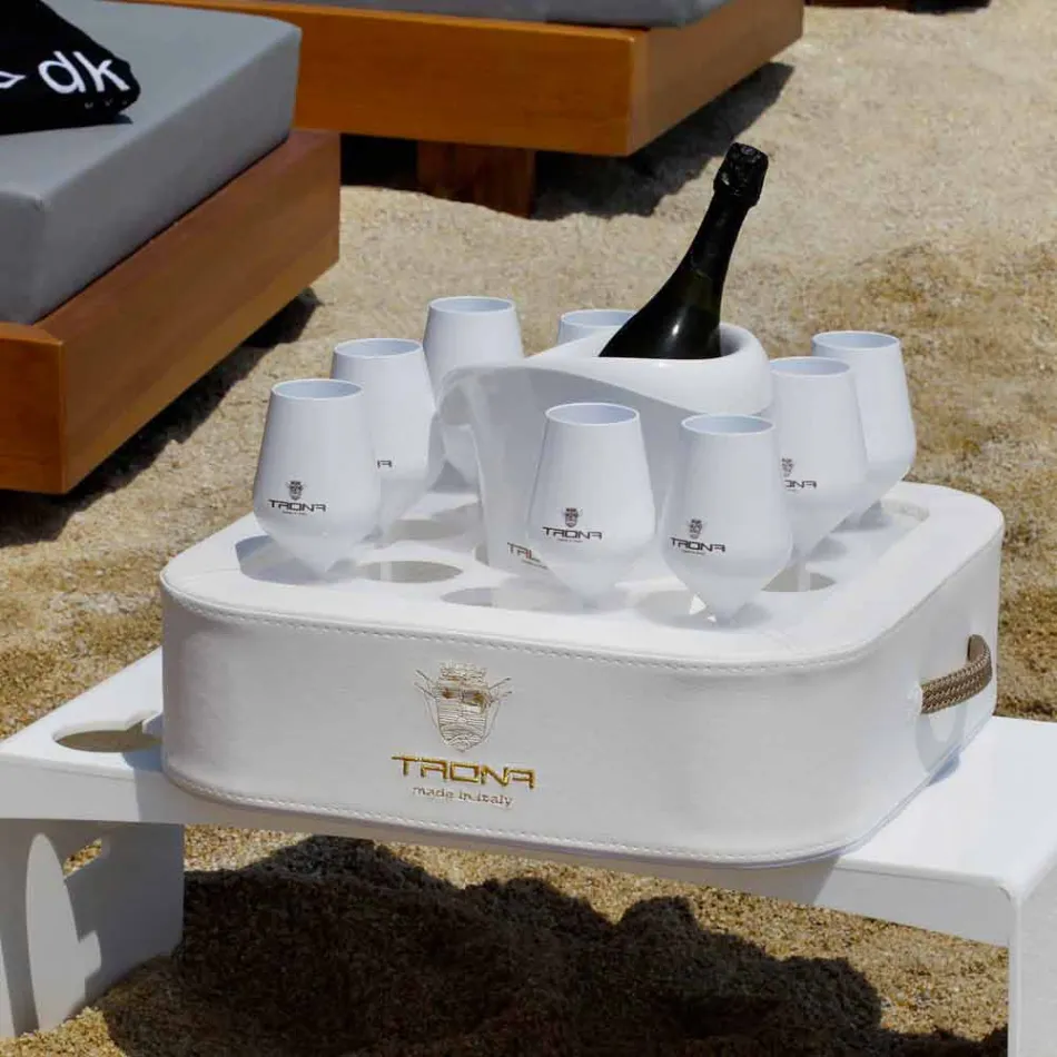 Tavolino – vassoio galleggiante in ecopelle nautica e plexiglass Trona Viadurini