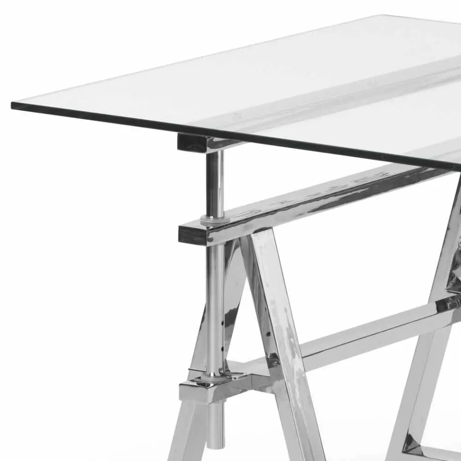 Tavolo acciaio/vetro altezza regolabile (L190xH72/74/78xP90cm) Cristal Viadurini