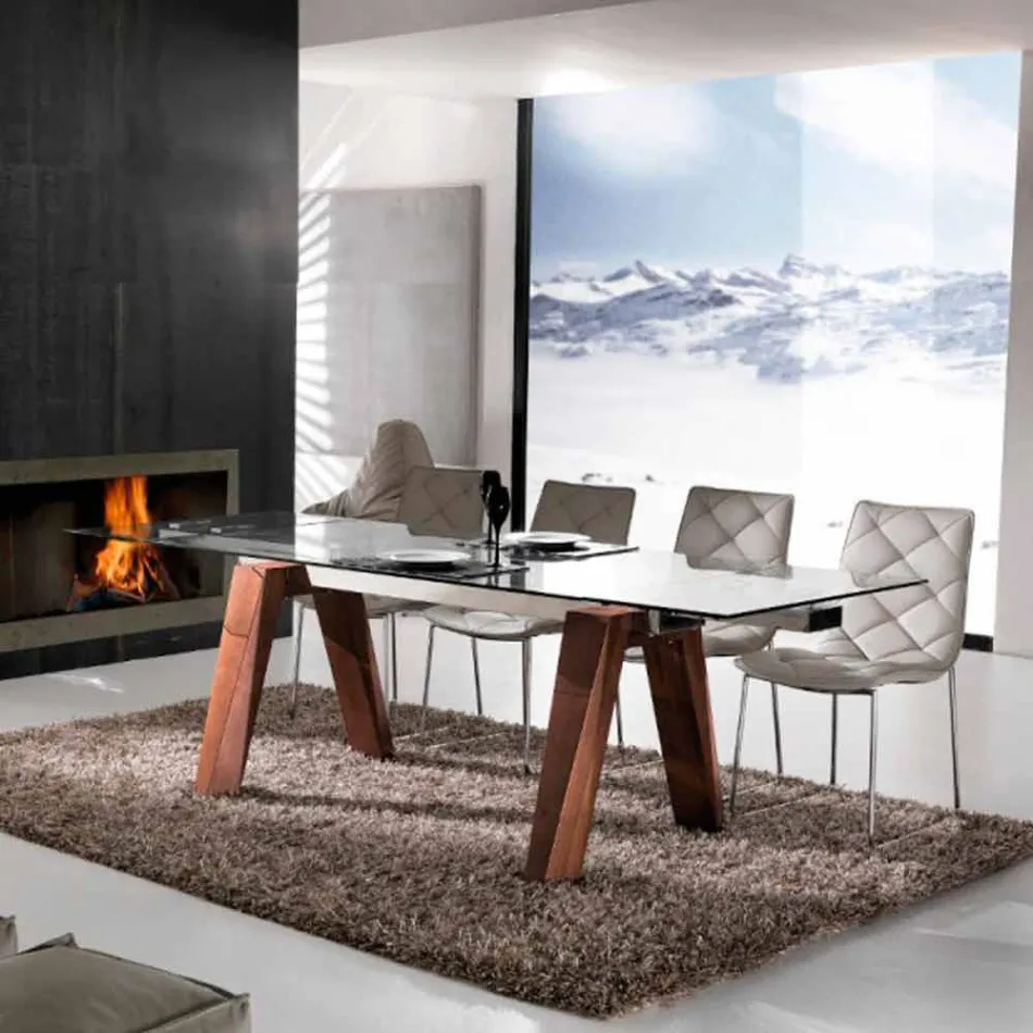 Tavolo allungabile in legno massello e vetro temperato Chad  Viadurini